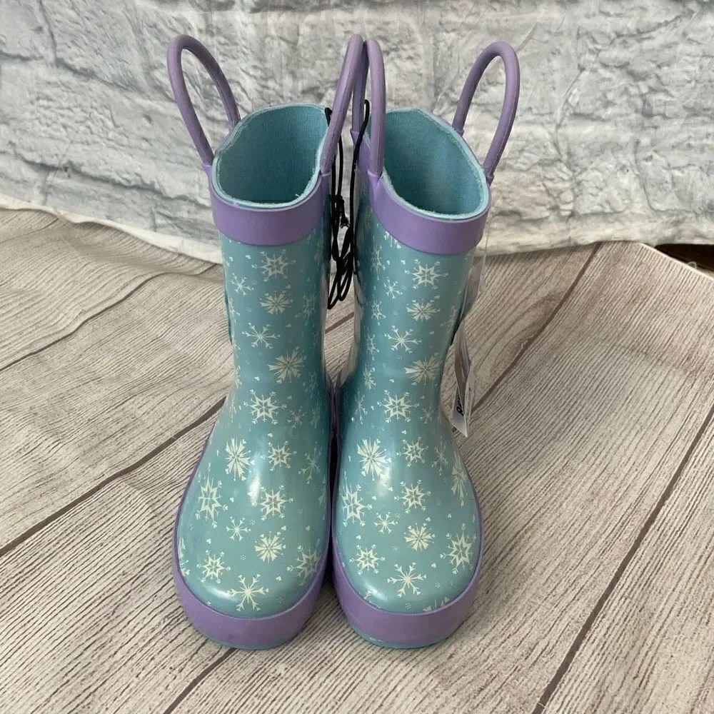 Disney frozen brand new little girls 5/6 pull on rubber rain boots w/handles